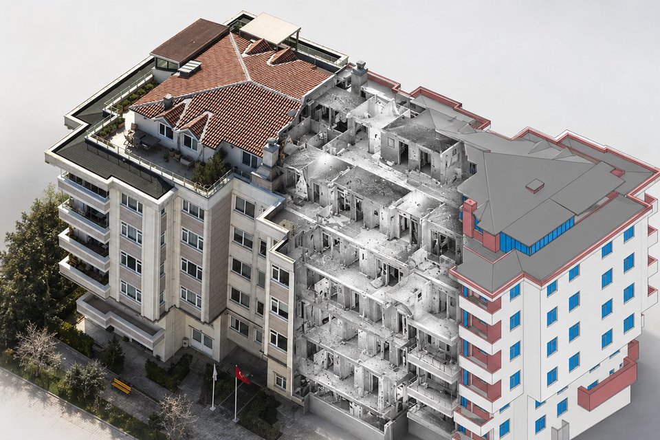 Aynı bloğun drone fotoğrafı, nokta bulutu ve Revit modeli olarak üç dilimli gösterimi